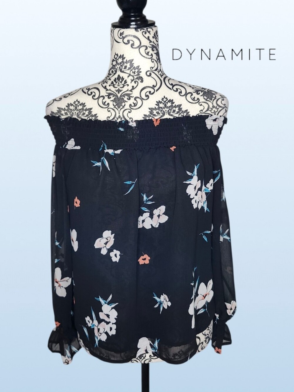 DYNAMITE Black Sheer Floral Off-Shoulder Top - Medium